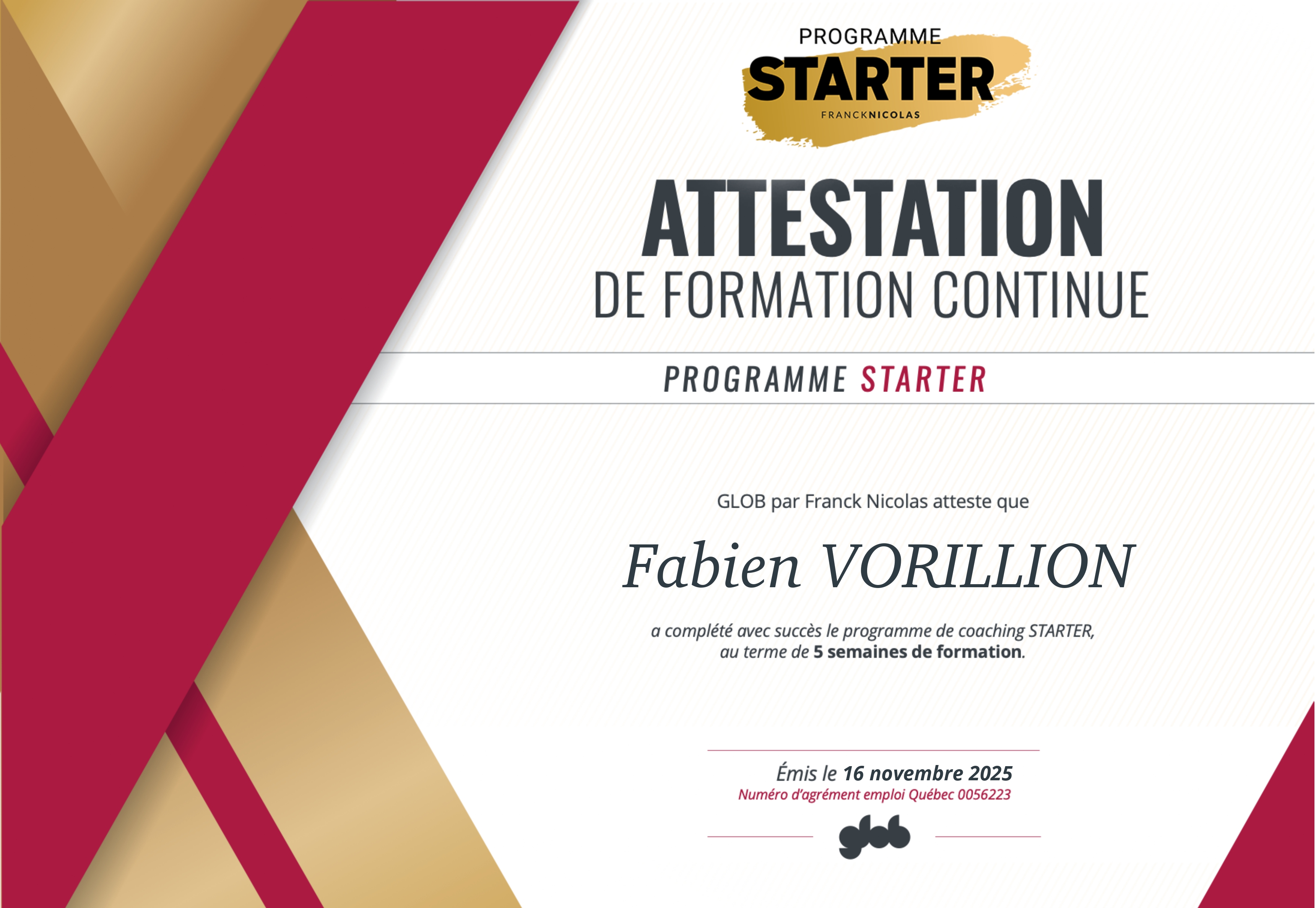 Certificat de réussite Programme Starter - Franck Nicolas
