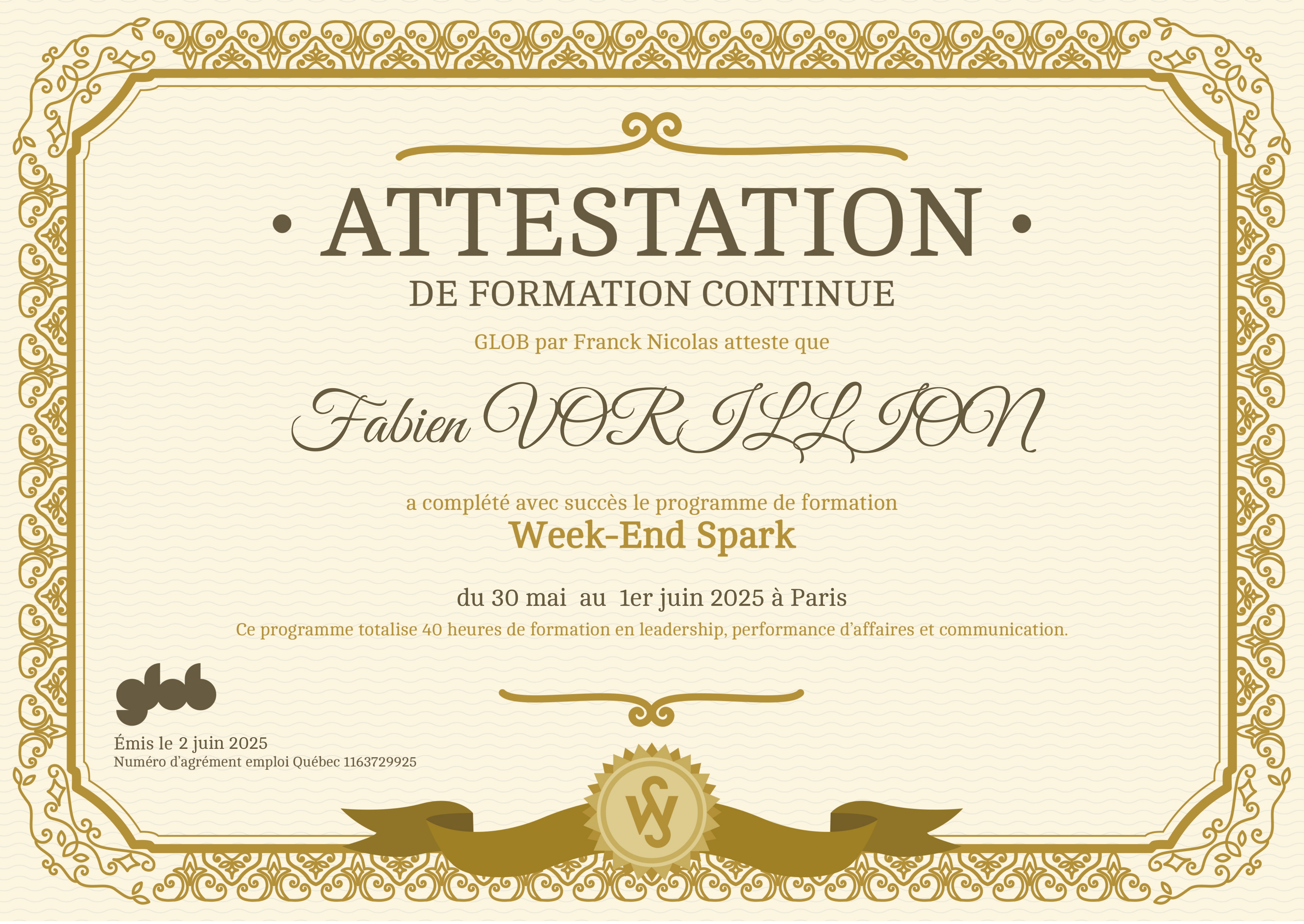 Certificat de réussite Week-End Spark - Franck Nicolas