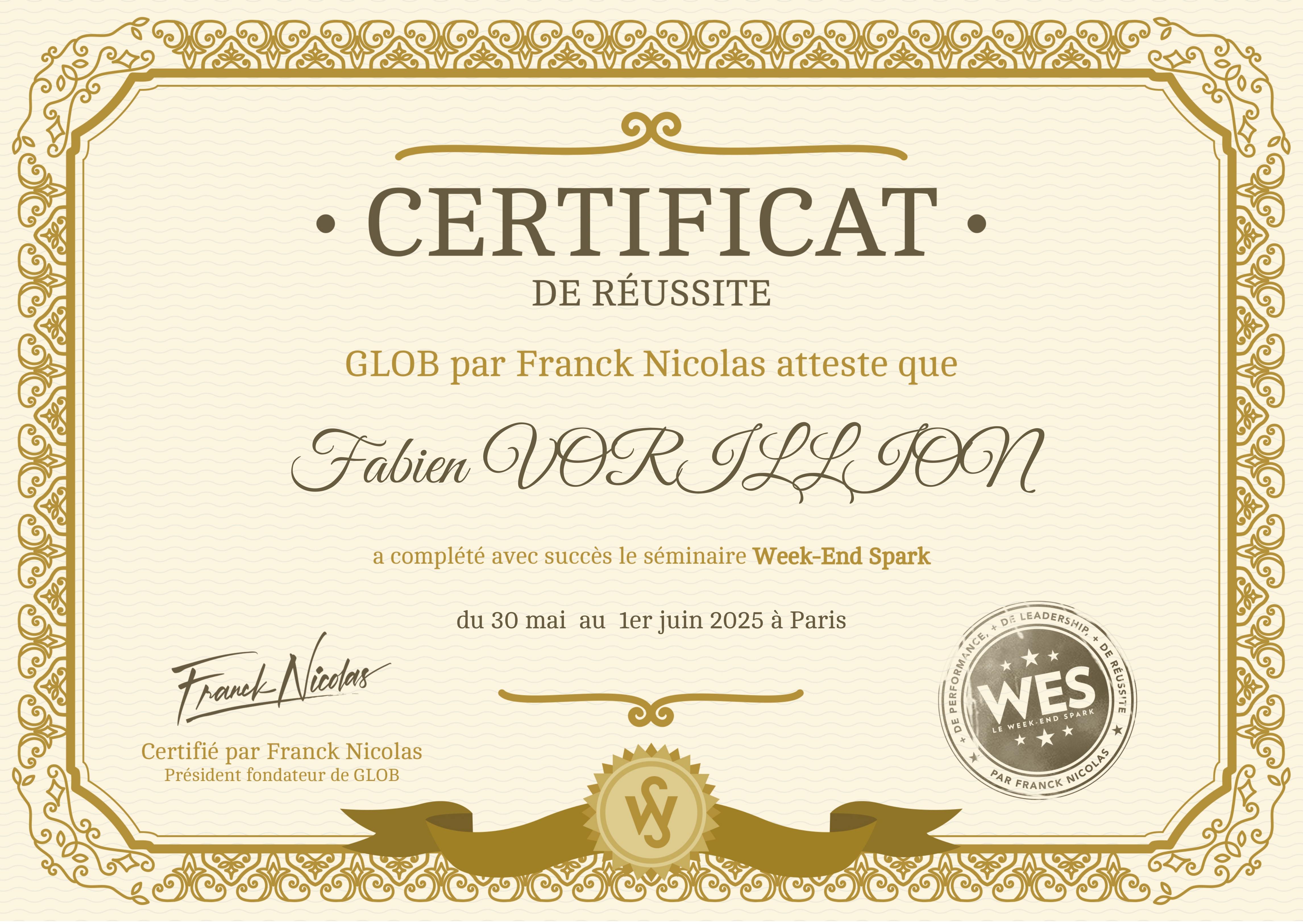 Certificat de réussite Week-End Spark - Franck Nicolas